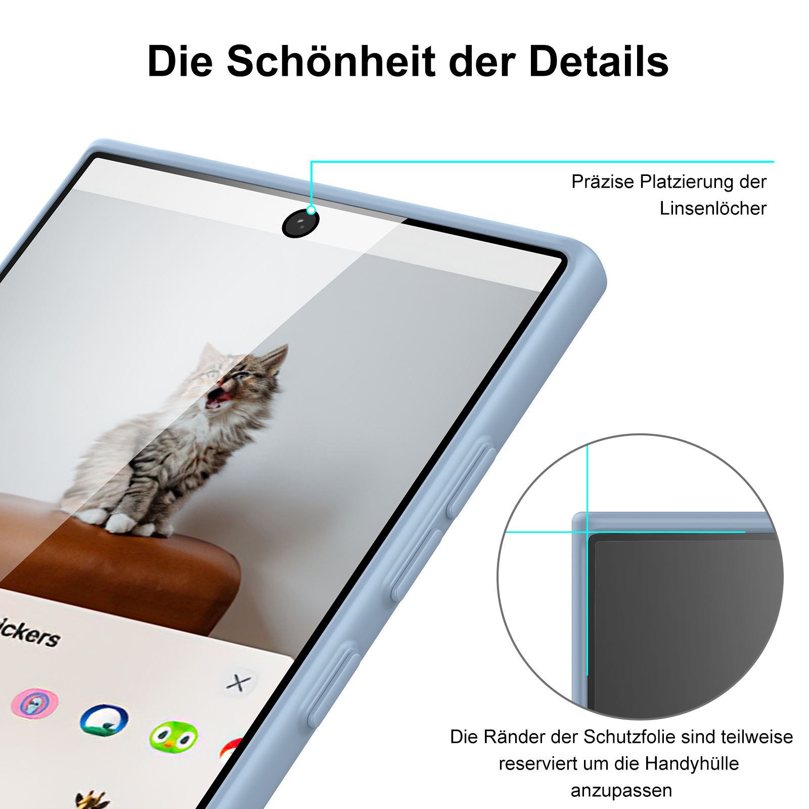 Ein Telefonbildschirm mit Hülle, Nahaufnahme des Rands. Text weist auf präzise Lochplatzierung hin.