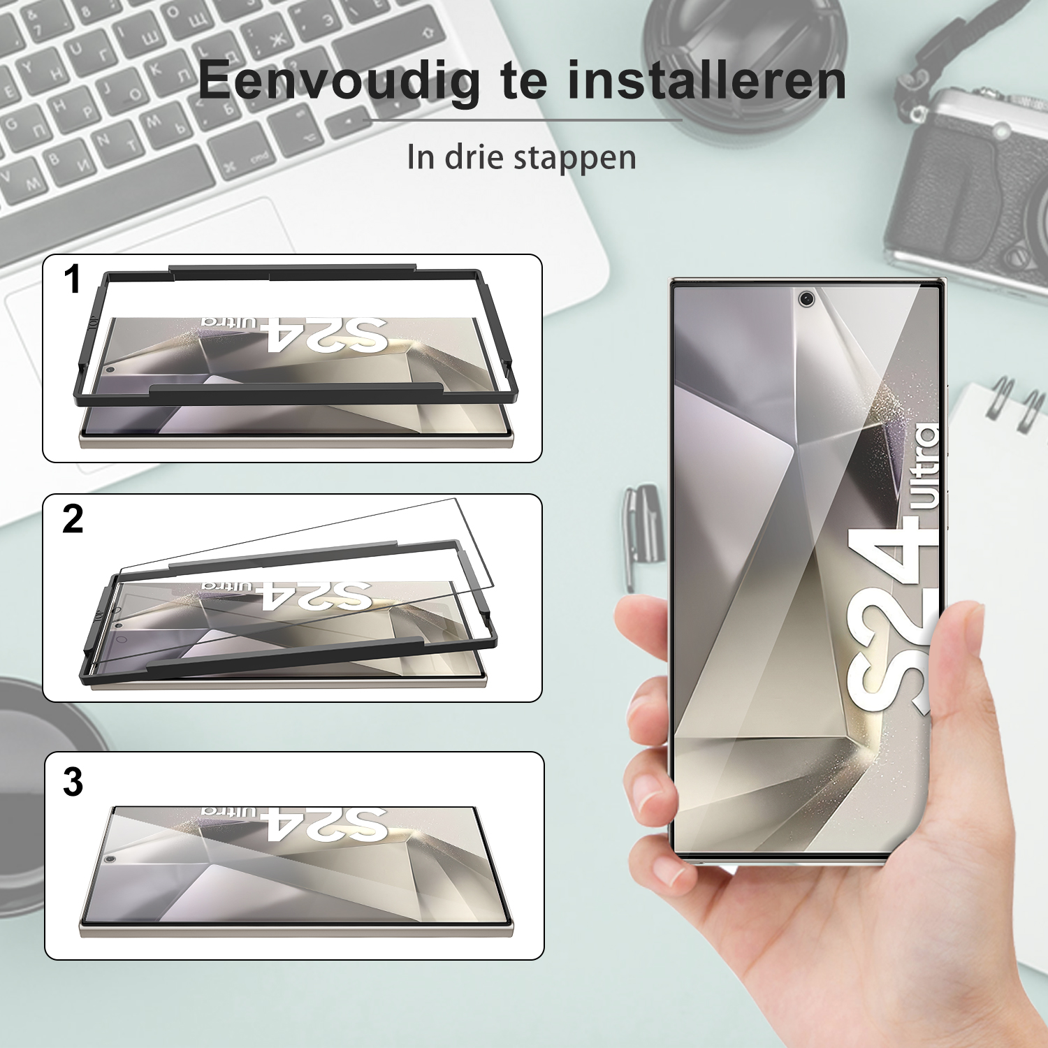 Anleitung zur Installation des Bildschirmschutzes für das Telefon. Telefon in der Hand gehalten. Produktverpackung im Hintergrund.
