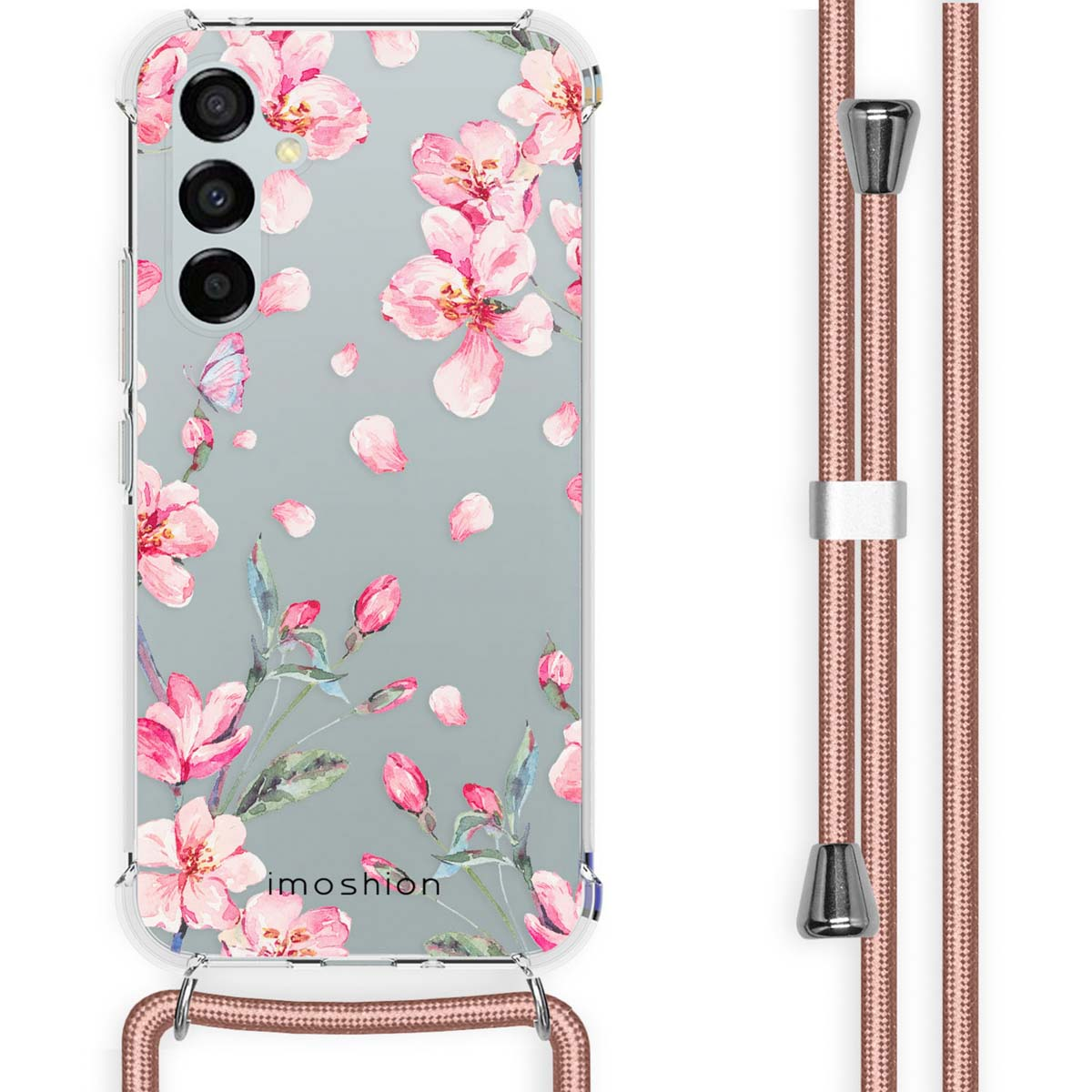Clear phone case with pink flower design and pink phone strap.