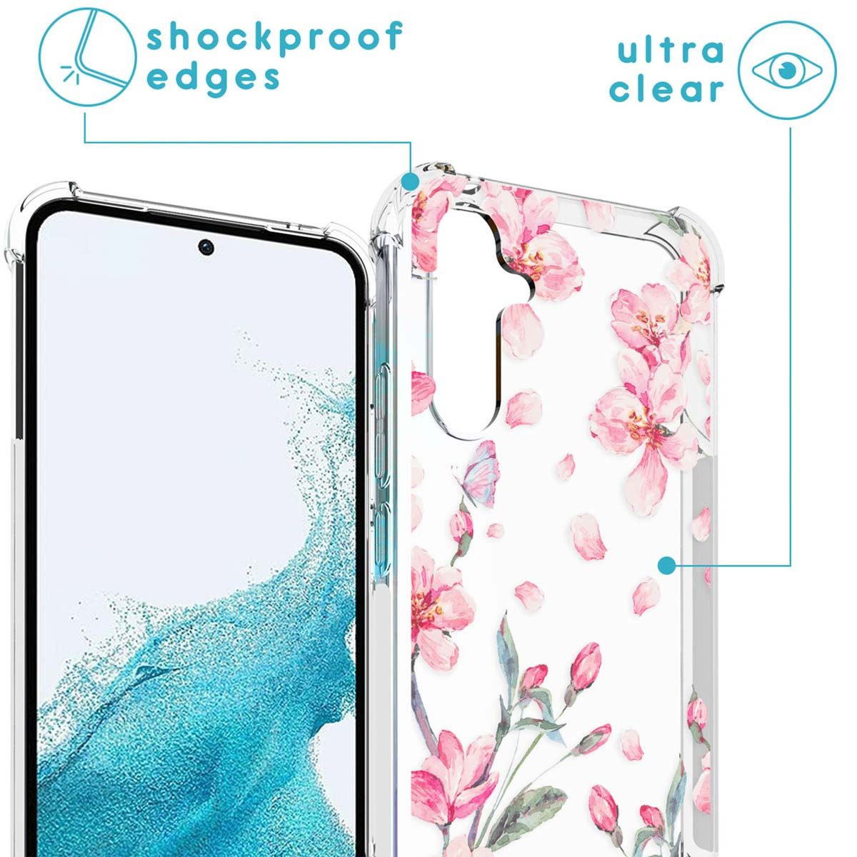Clear phone case with pink flower design, shockproof edges, and the word 'ultra clear'.