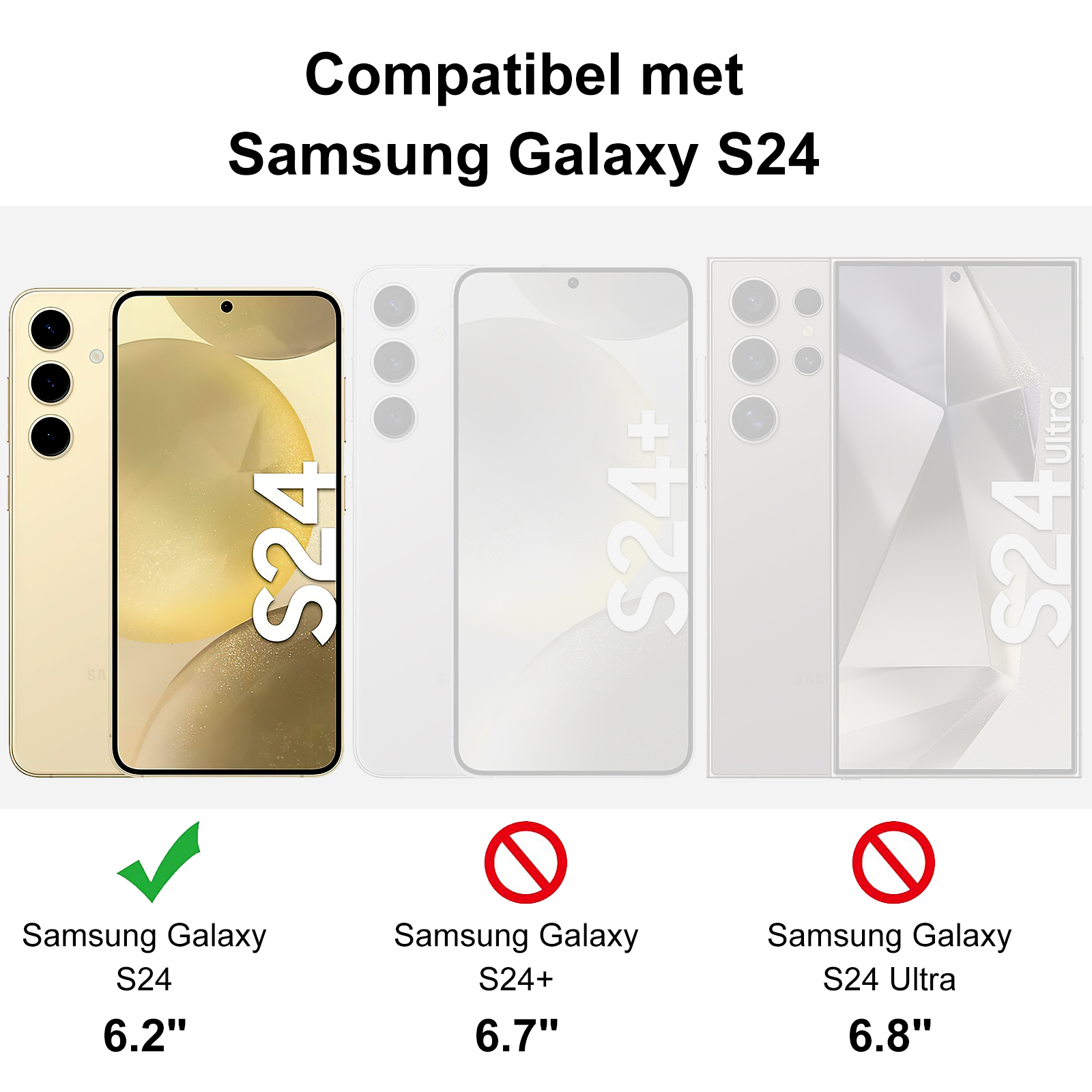 Bild zeigt Samsung Galaxy S24-Kompatibilität mit S24. S24+ und S24 Ultra sind nicht kompatibel. Telefonbilder in einer Reihe.
