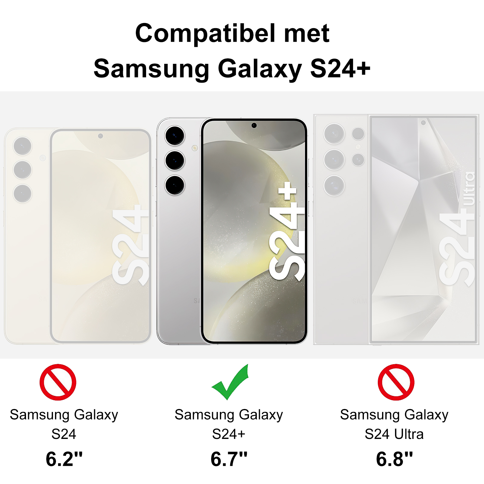 Bild zeigt Samsung Galaxy S24+ Kompatibilität. S24 und S24 Ultra sind nicht kompatibel. Telefonbilder in einer Reihe, grüner Haken.