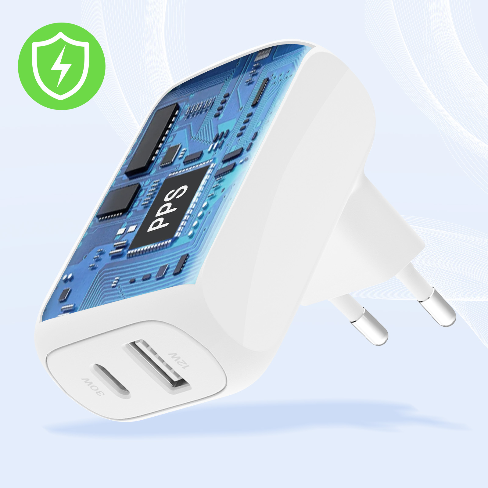 Chargeur blanc avec ports USB, design de circuit imprimé bleu et icône d'énergie verte.