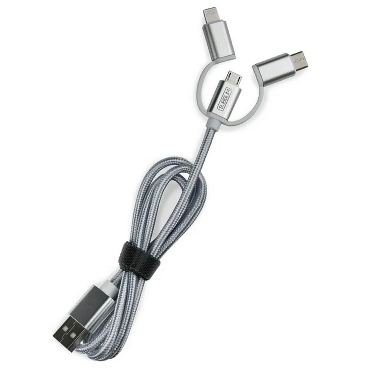 Cable multi-conector con USB, Micro USB y USB-C, en plata y gris.