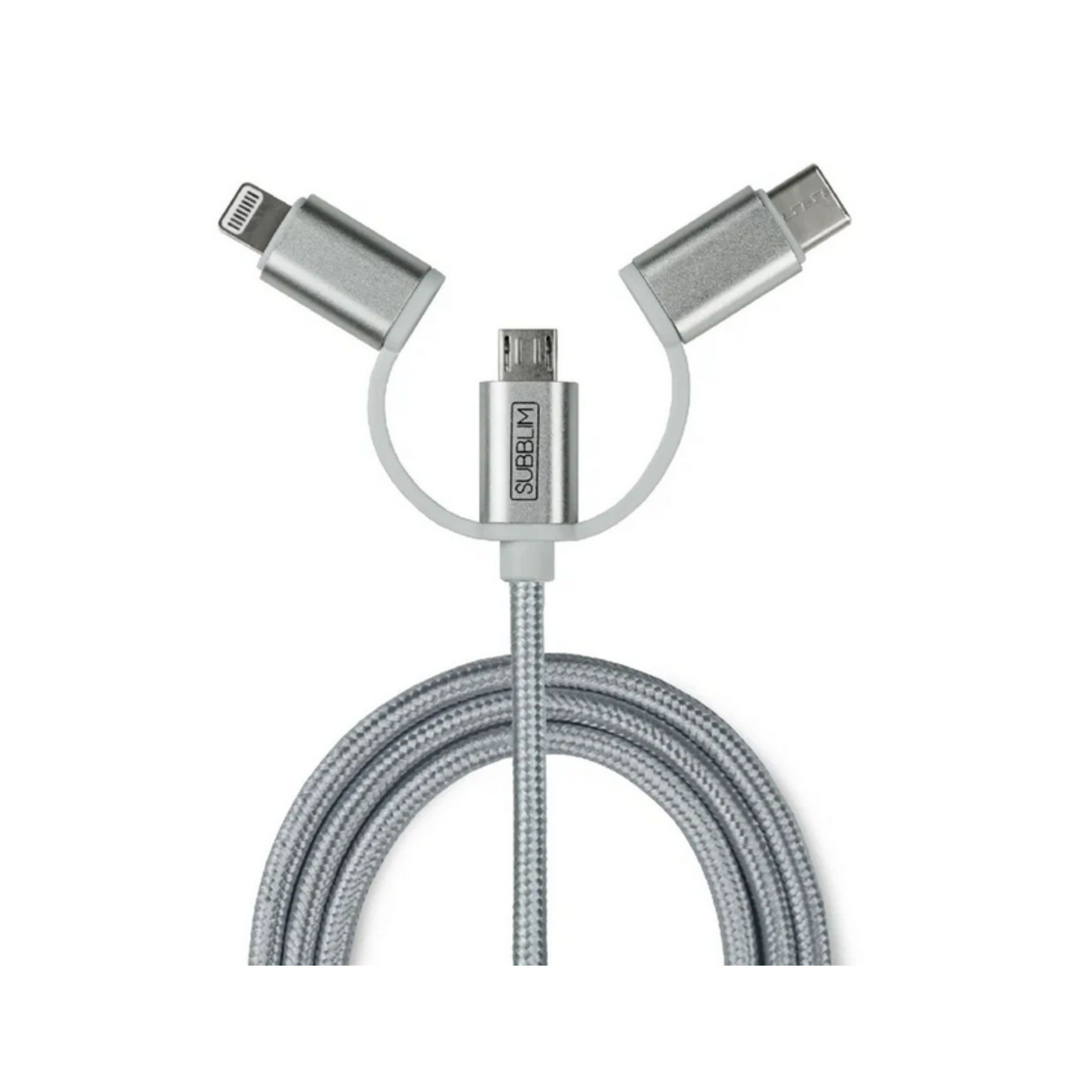 Cable de carga 3 en 1 plateado. Conectores Lightning, Micro USB y USB-C.