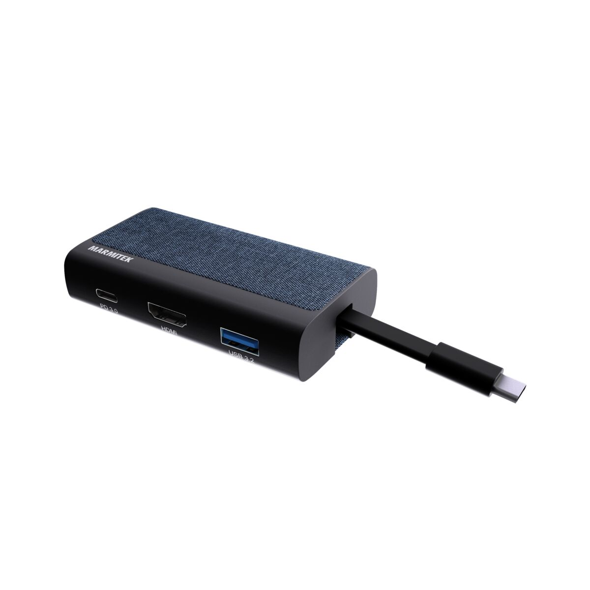 Zwarte en blauwe USB-hub met poorten. Een kabel is aangesloten. Witte achtergrond.