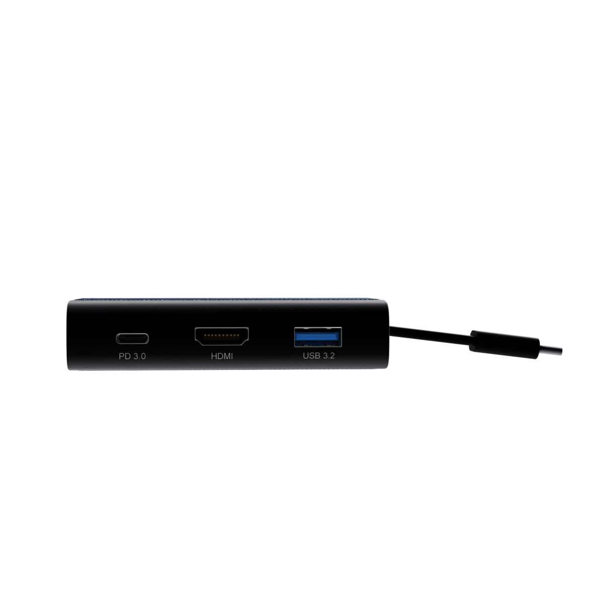 Zwarte USB-C hub met poorten: PD 3.0, HDMI, USB 3.2. Heeft een zwarte kabel aangesloten.