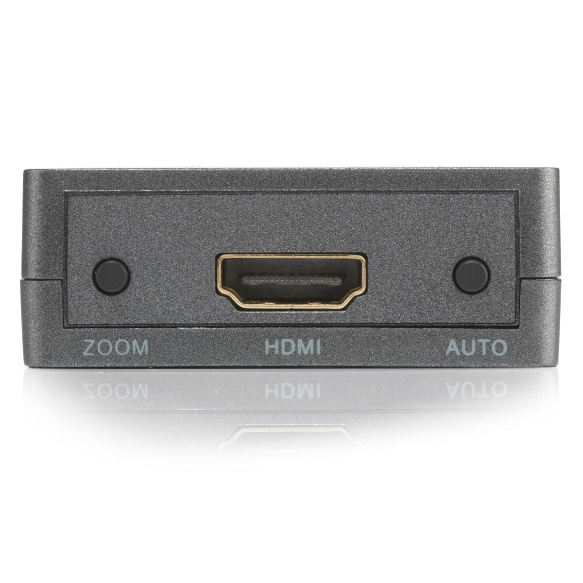 Gros plan d'un adaptateur HDMI gris foncé avec étiquettes zoom et auto. Fond blanc.
