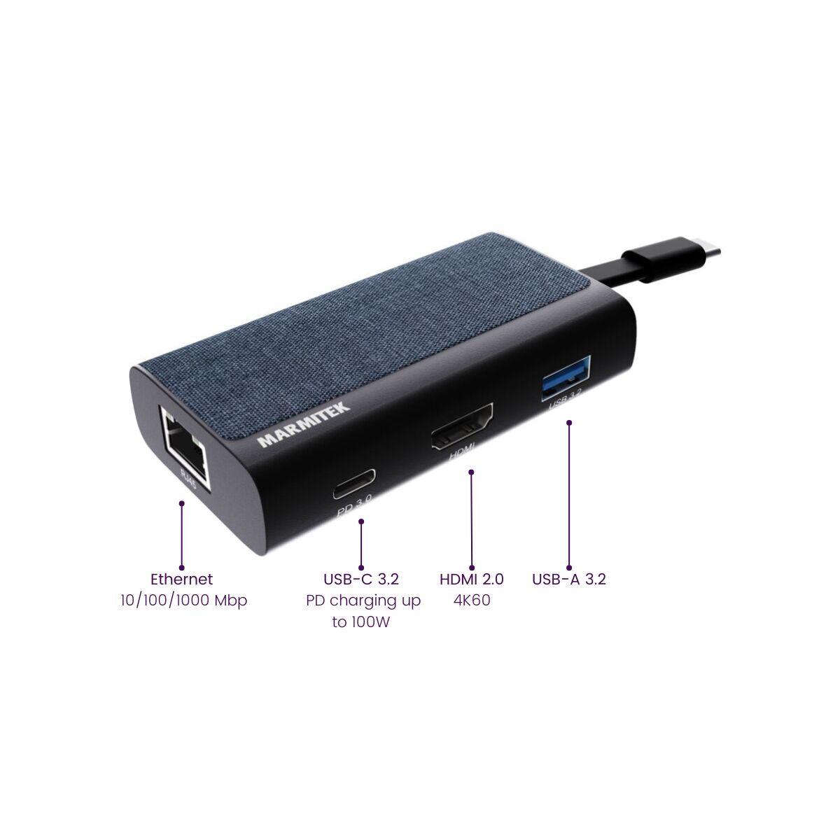 Zwarte hub met poorten: Ethernet, USB-C, HDMI en USB-A. Met een blauwe denim bovenkant.