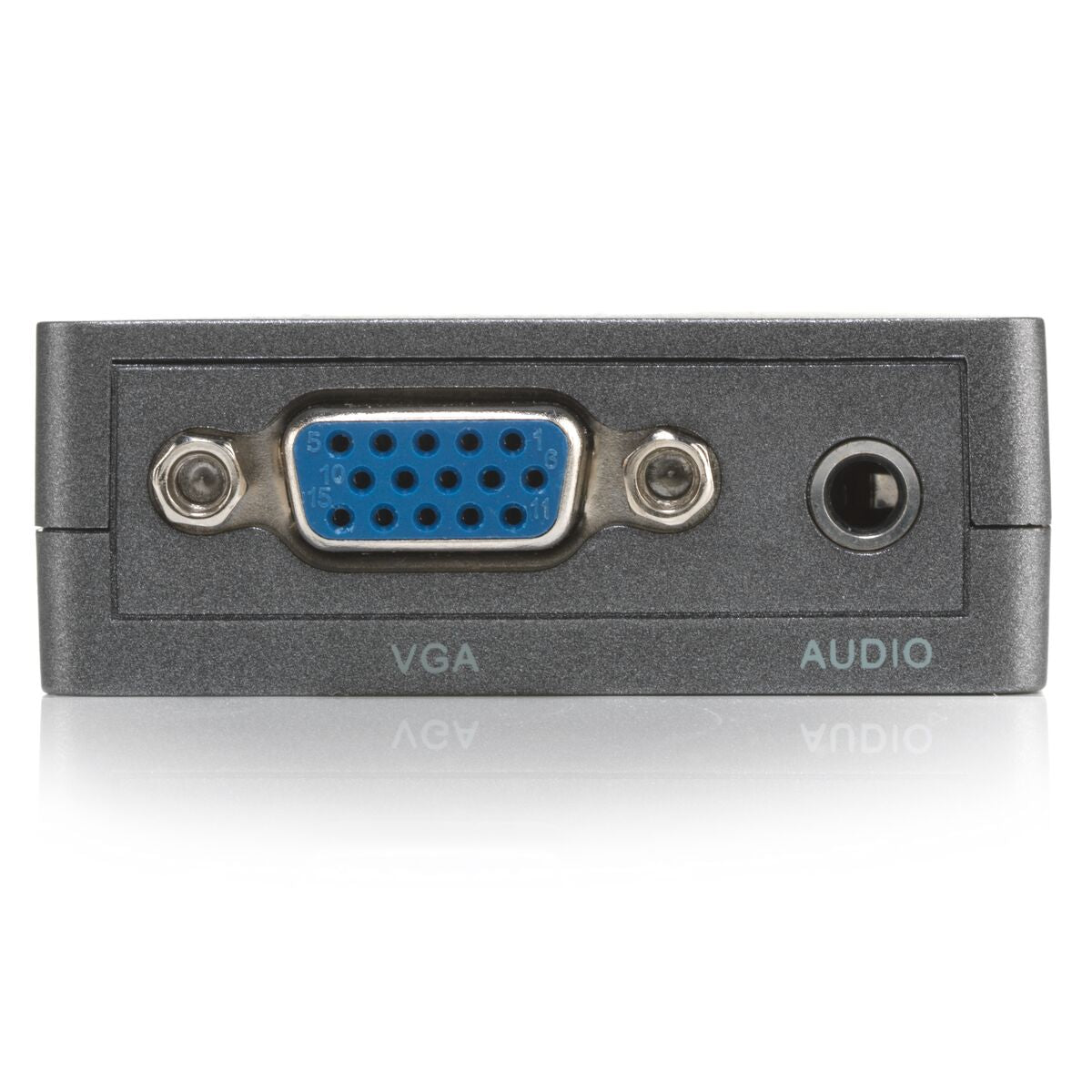 Un convertisseur VGA vers audio gris foncé. Il possède un port VGA et un port audio.