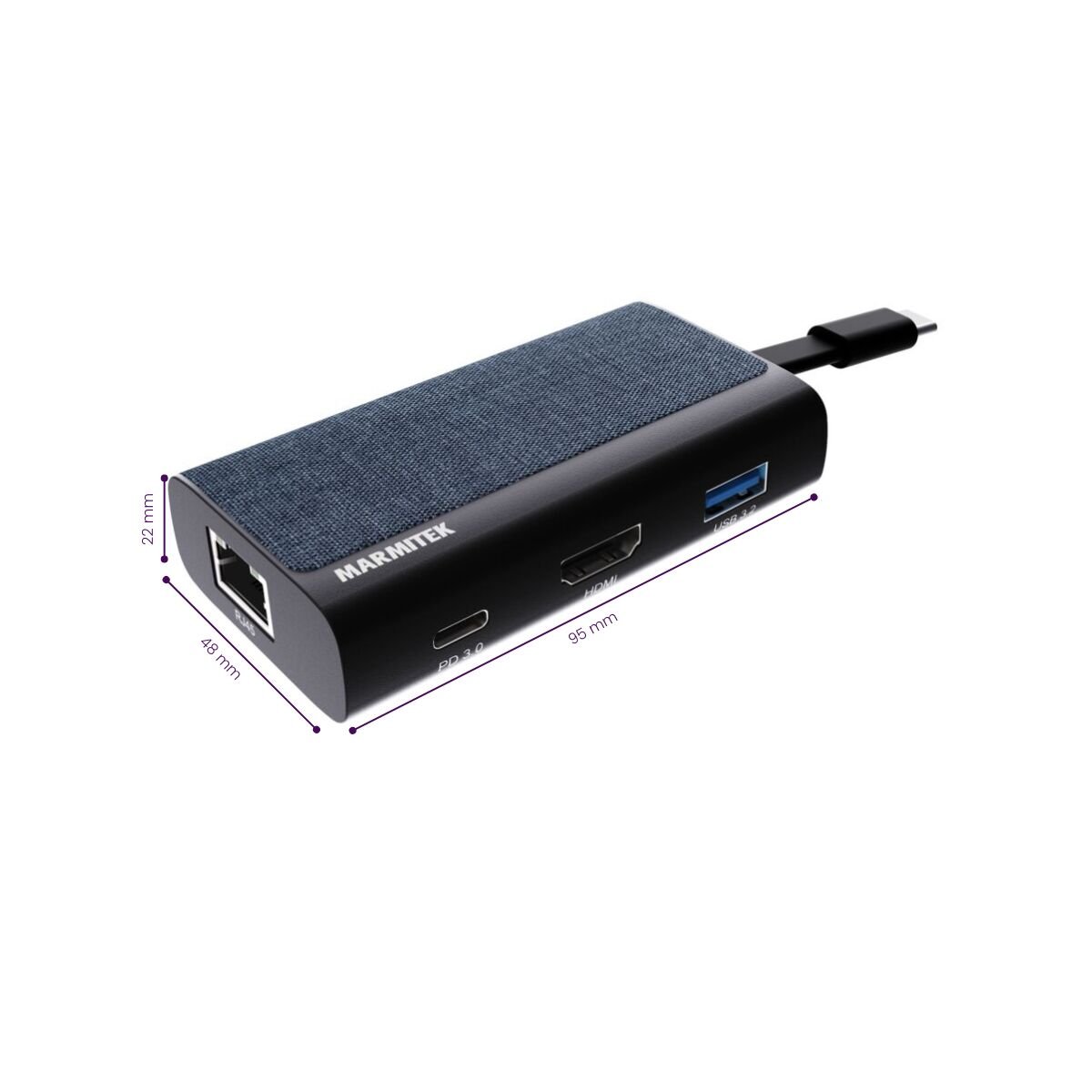 Een zwarte hub met een blauwe stoffen bovenkant, HDMI, USB en andere poorten, samen met afmetingen.