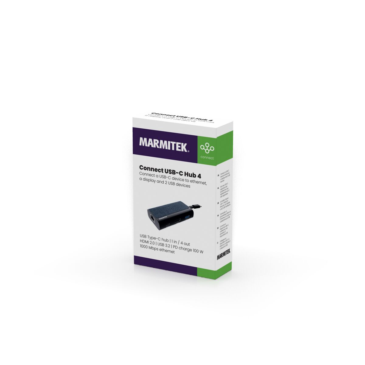 Een doos voor een Marmitek Connect USB-C Hub 4. Het is wit en zwart met productinformatie en een USB-C hub.