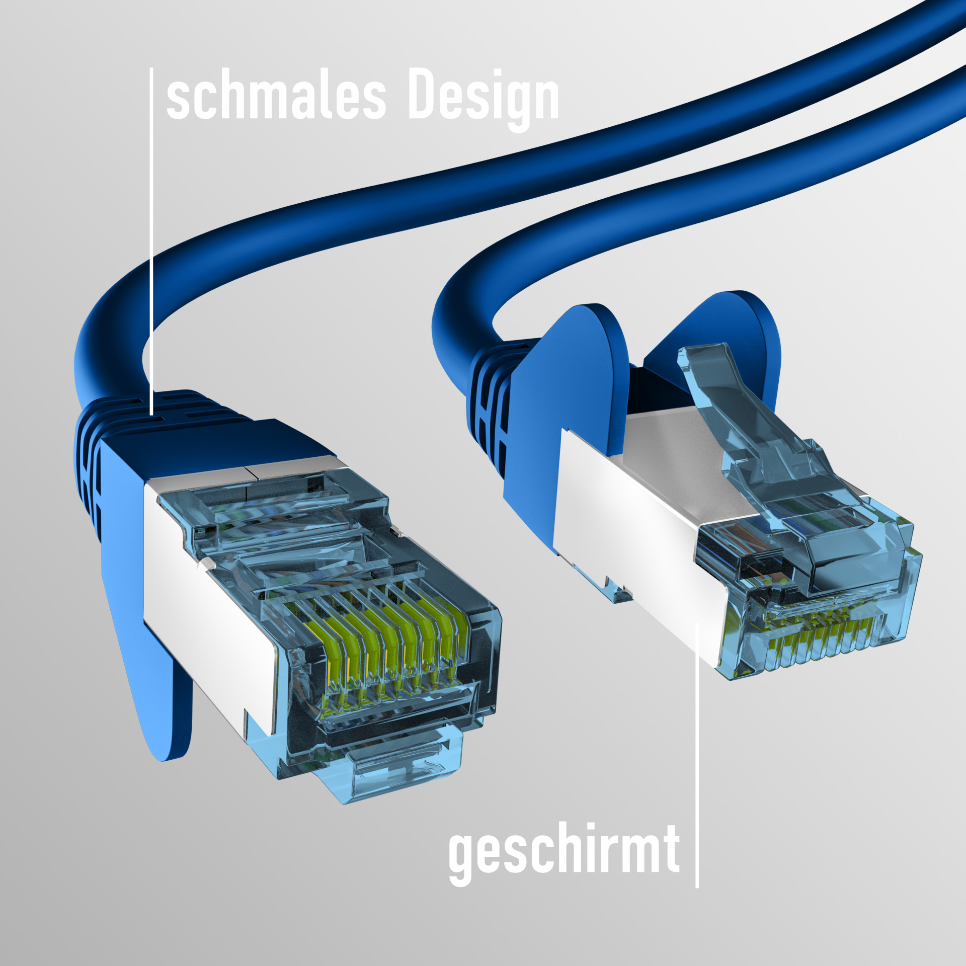 Zwei blaue Netzwerkkabel mit transparenten Steckern, die die Innenverkabelung zeigen. Text: geschirmt und schlankes Design.