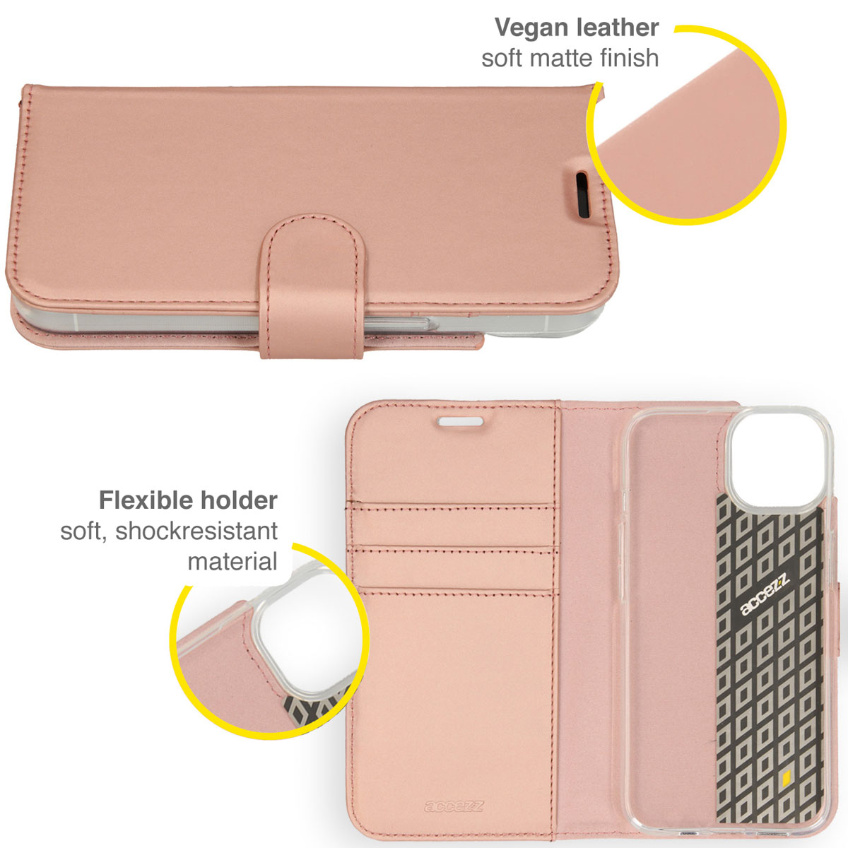 Roze telefoonhoes, open en dicht, met een telefoon, met tekstlabels.