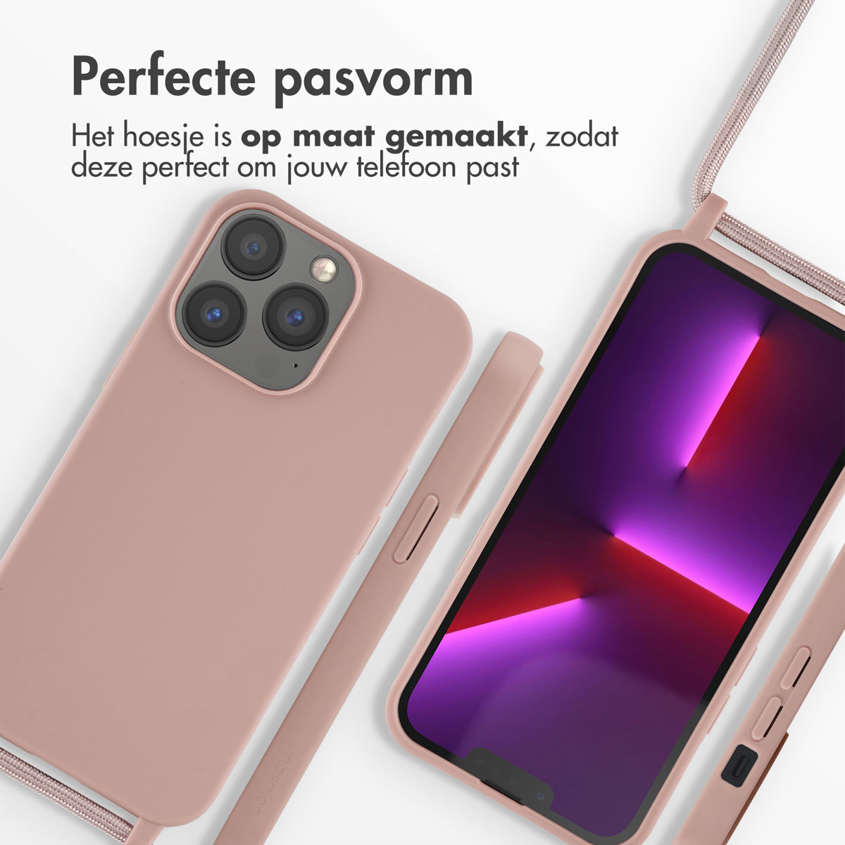 Un étui de téléphone rose avec un téléphone à l'intérieur et une sangle assortie sont vus sur un fond blanc.