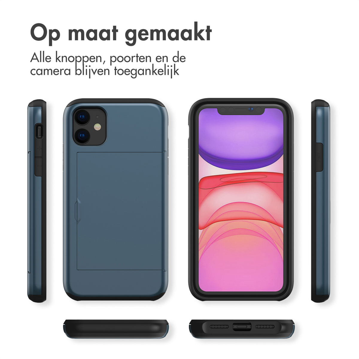 Telefoonhoesjes met een telefoon met een kleurrijk scherm. Tekst: 'Op maat gemaakt Alle knoppen, poorten en de camera blijven toegankelijk'.