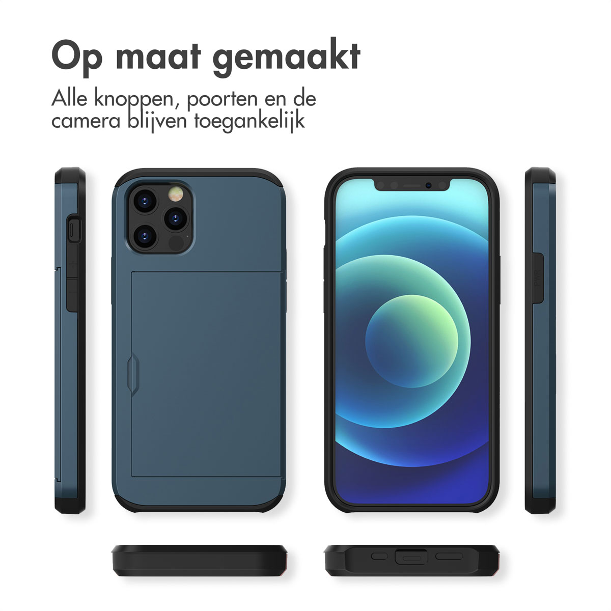 Coque de téléphone bleue avec téléphone à l'intérieur, montrant l'arrière. Fond blanc.
