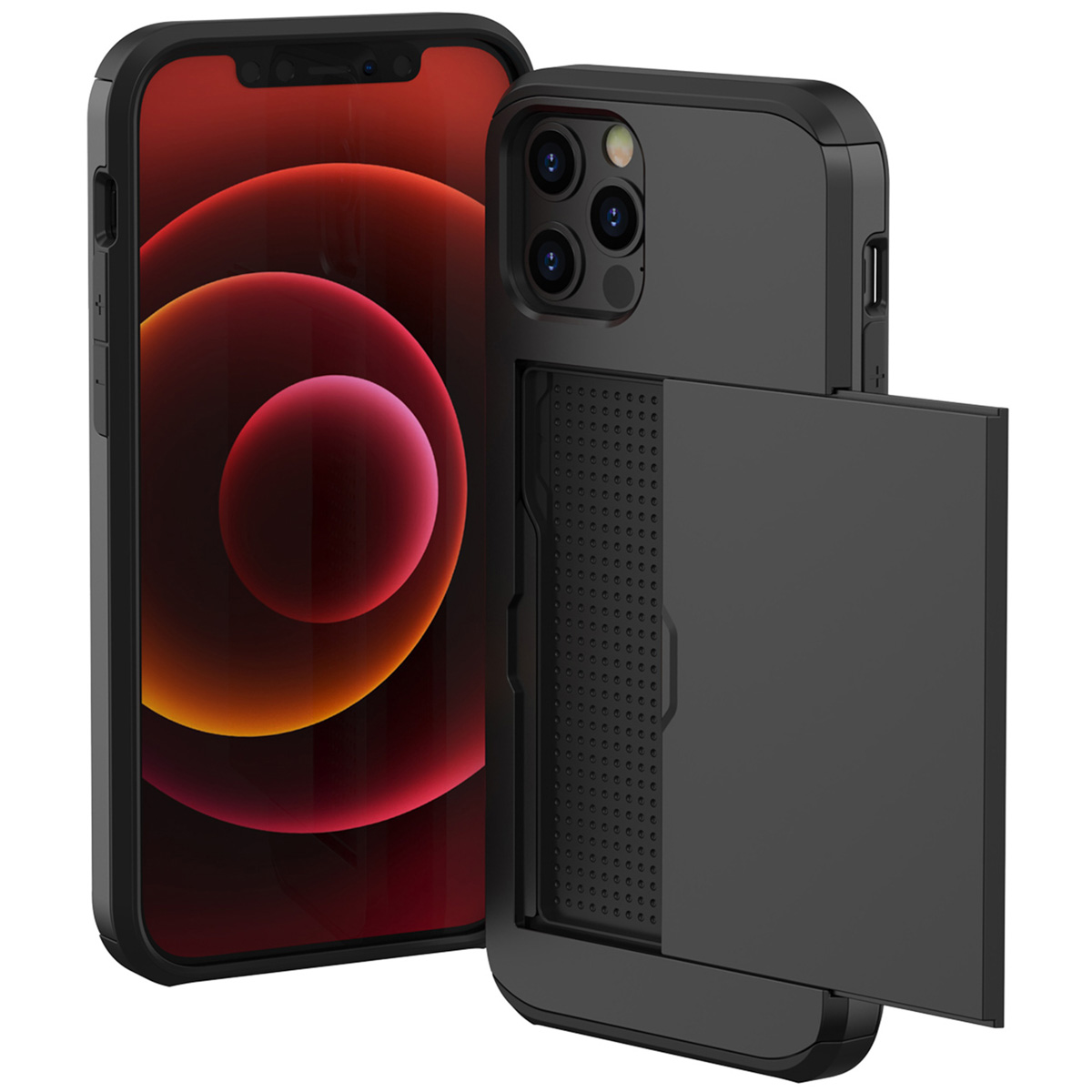 Coque de téléphone noire avec fente pour carte ouverte, avec un téléphone. Le texte indique qu'elle est légère.