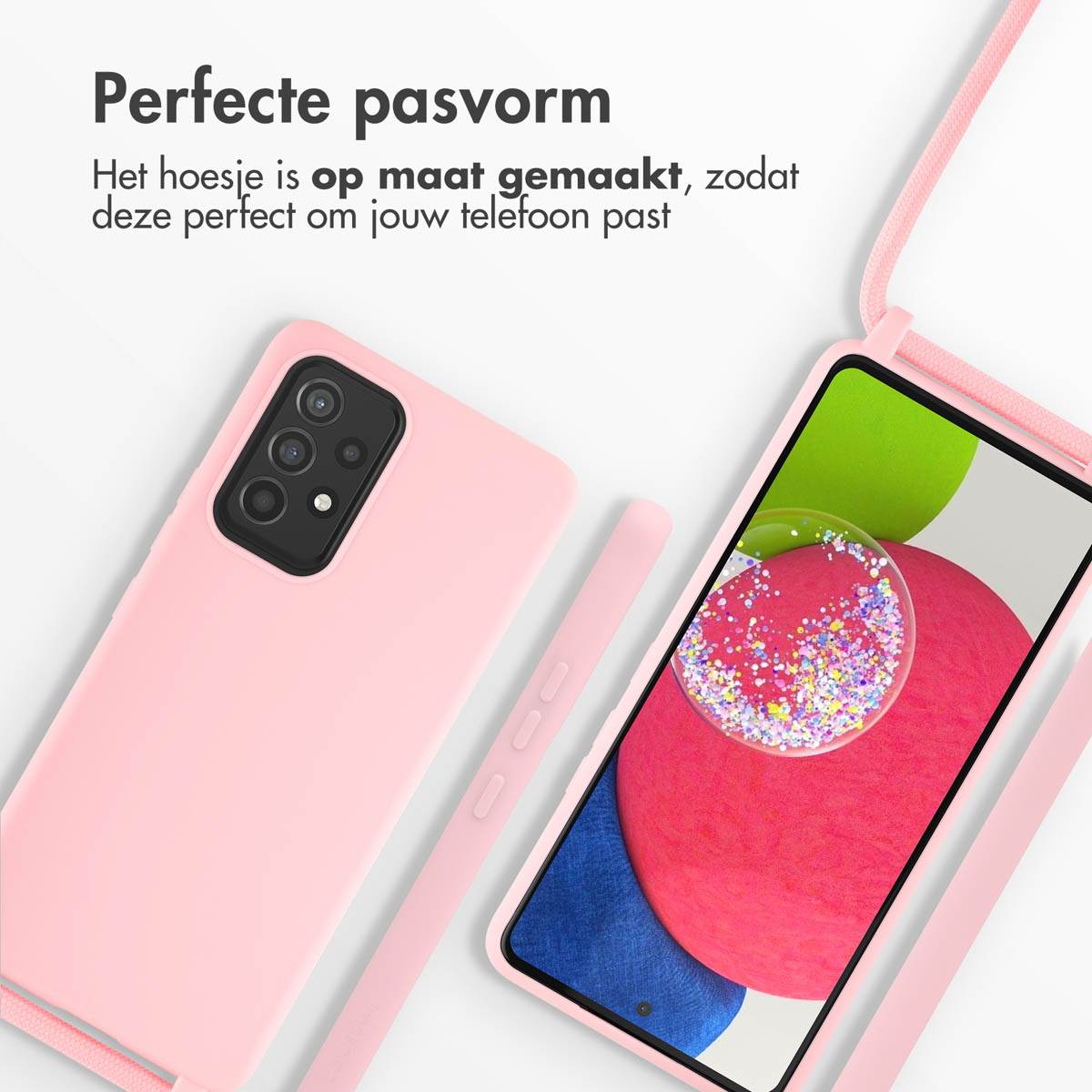 Un étui de téléphone rose et un téléphone avec une sangle rose. L'écran affiche des confettis colorés.
