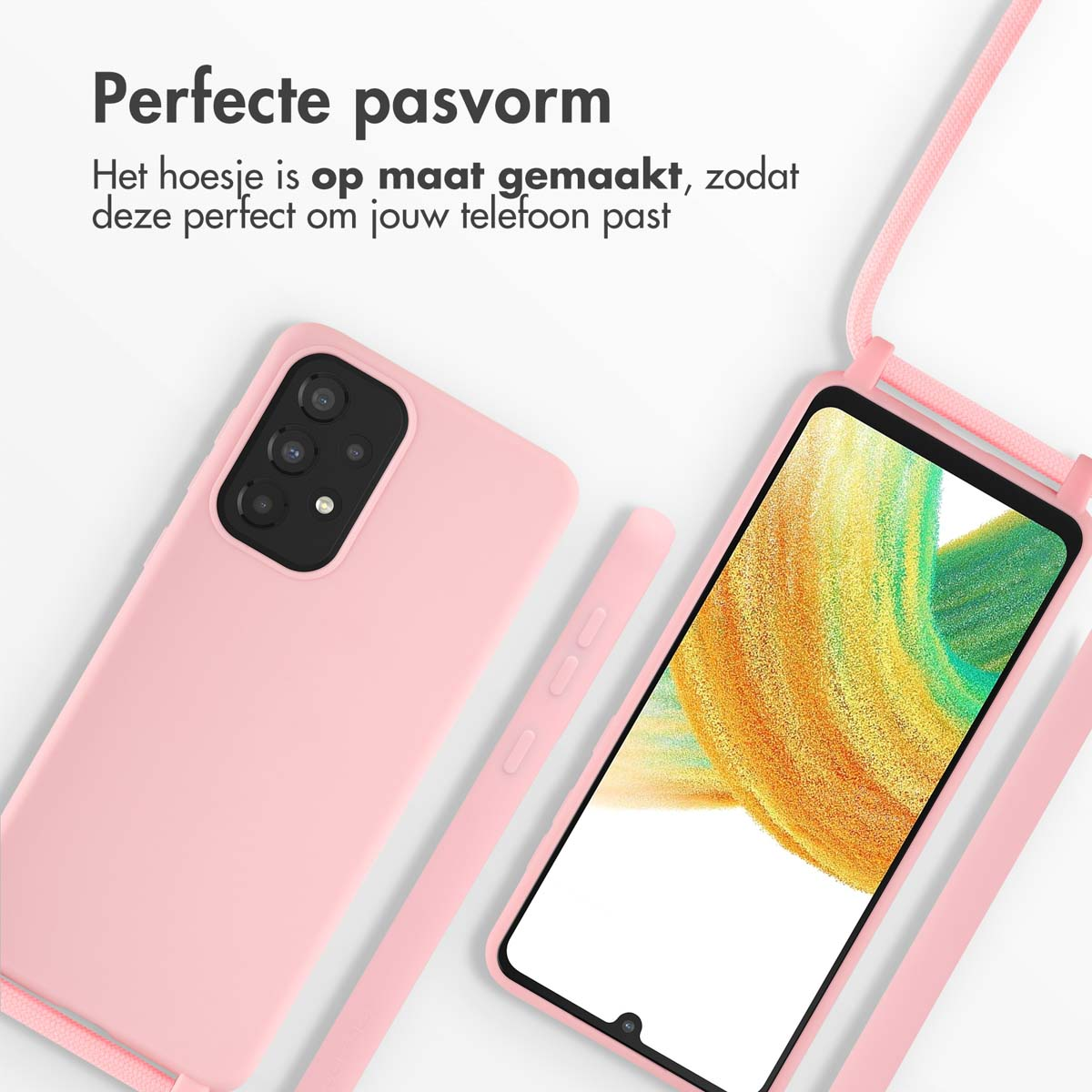 Coque de téléphone rose avec téléphone et cordon. Texte : Ajustement parfait.