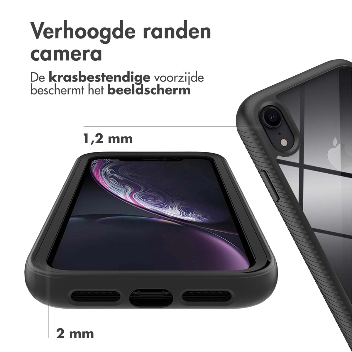 Een zwarte telefoonhoes met verhoogde randen beschermt een telefoon. Tekst benadrukt camera- en schermbescherming.