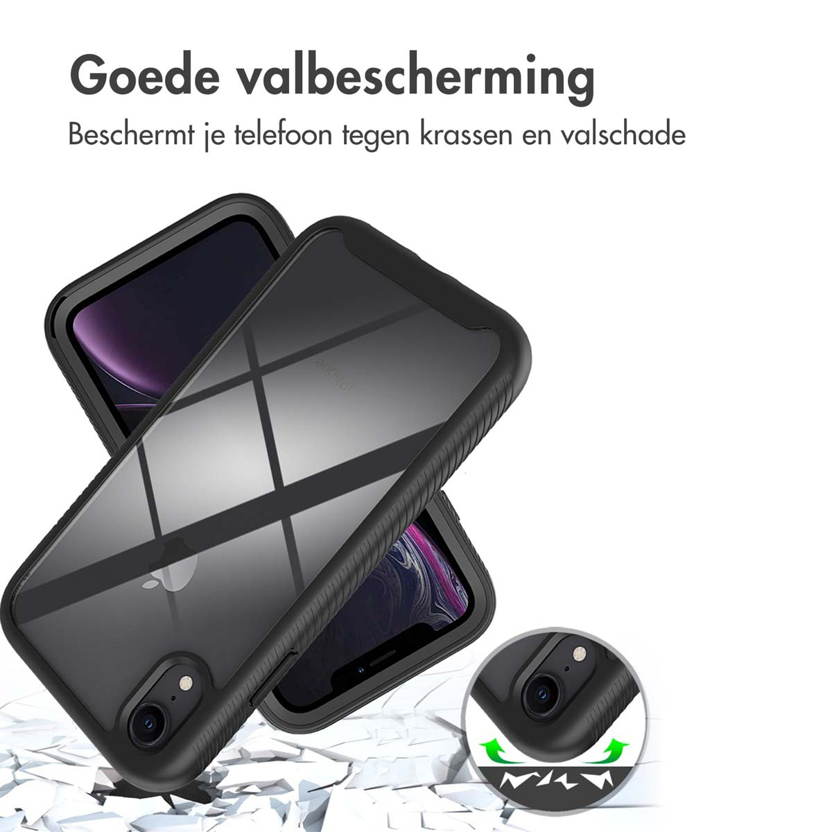 Zwarte telefoonhoesjes met een telefoon erin, met een witte achtergrond en tekst.