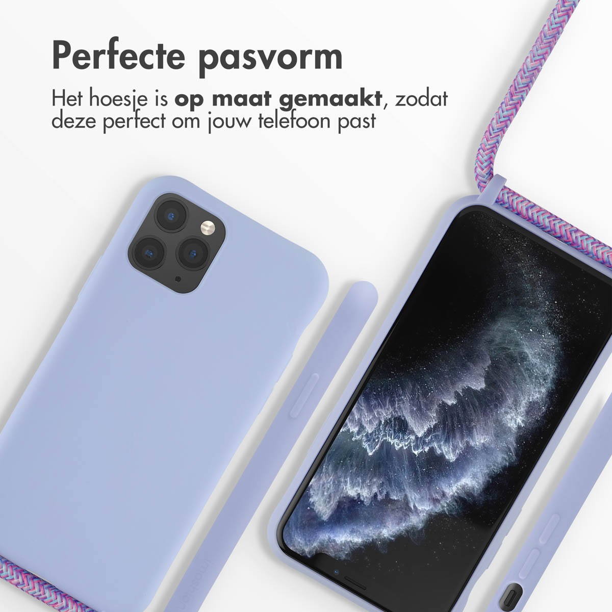 Custodia per telefono e telefono con custodia lavanda su sfondo bianco.