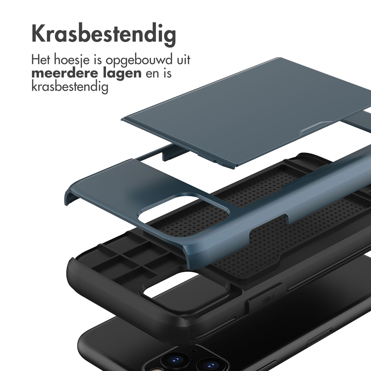 Een exploded view van een telefoonhoesje met meerdere lagen voor krasbestendigheid.
