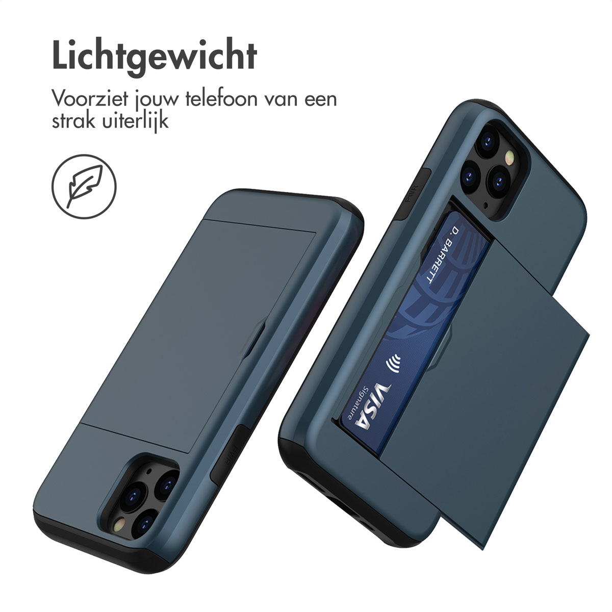 Blauwe telefoonhoes met kaartsleuf, open om een kaart te laten zien.