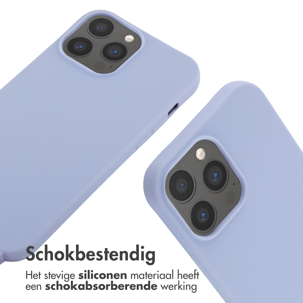 Deux coques de téléphone violet clair sont sur un fond blanc. Le texte ci-dessous indique que les coques sont résistantes aux chocs.