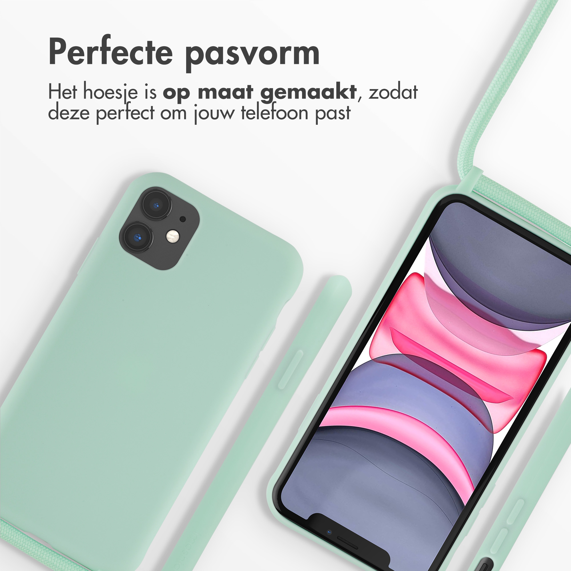 Mintgroene telefoonhoes met telefoon en riem. Scherm toont een kleurrijk beeld.