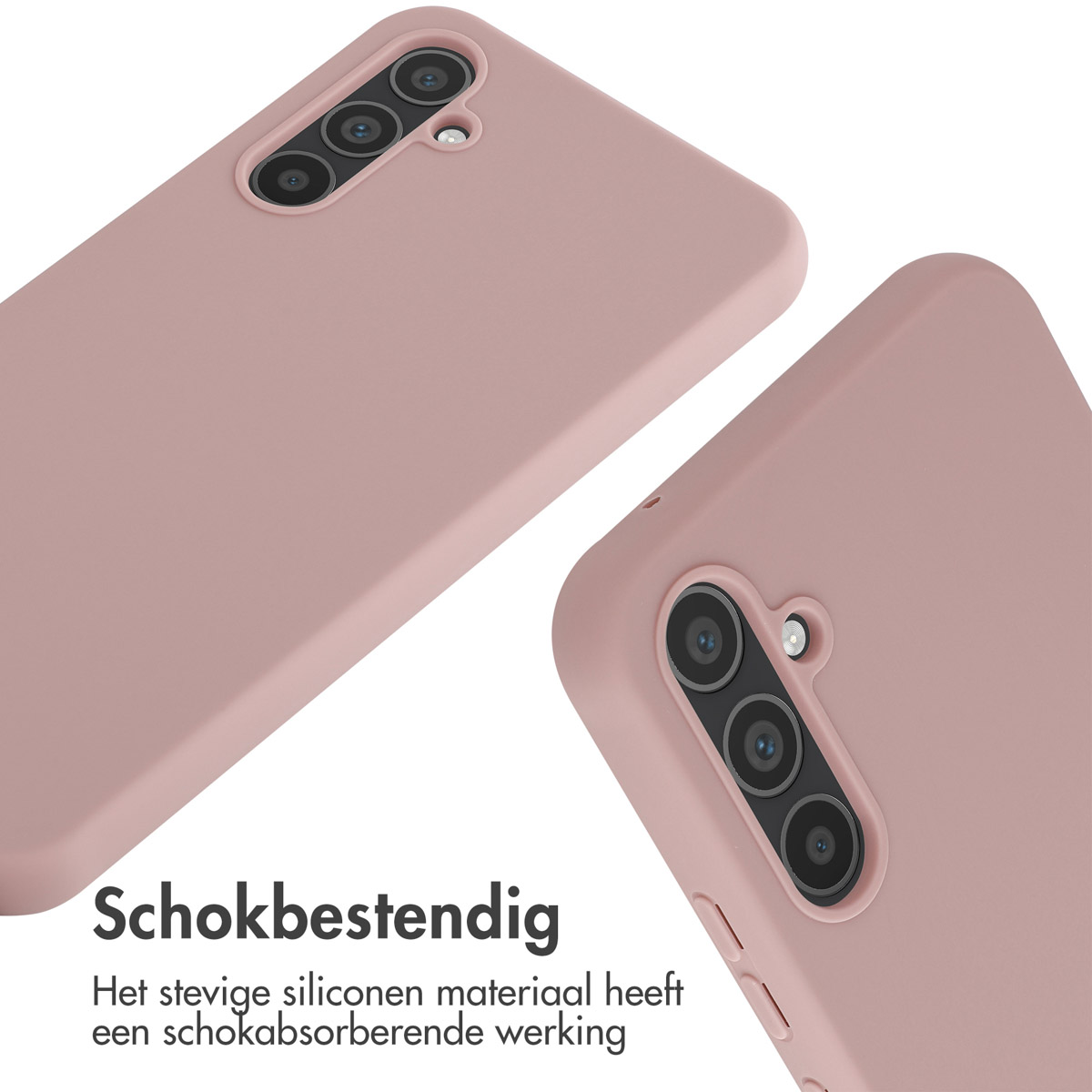 Twee roze telefoonhoesjes. Tekst: Schokbestendig. Het stevige siliconen materiaal werkt schokabsorberend.