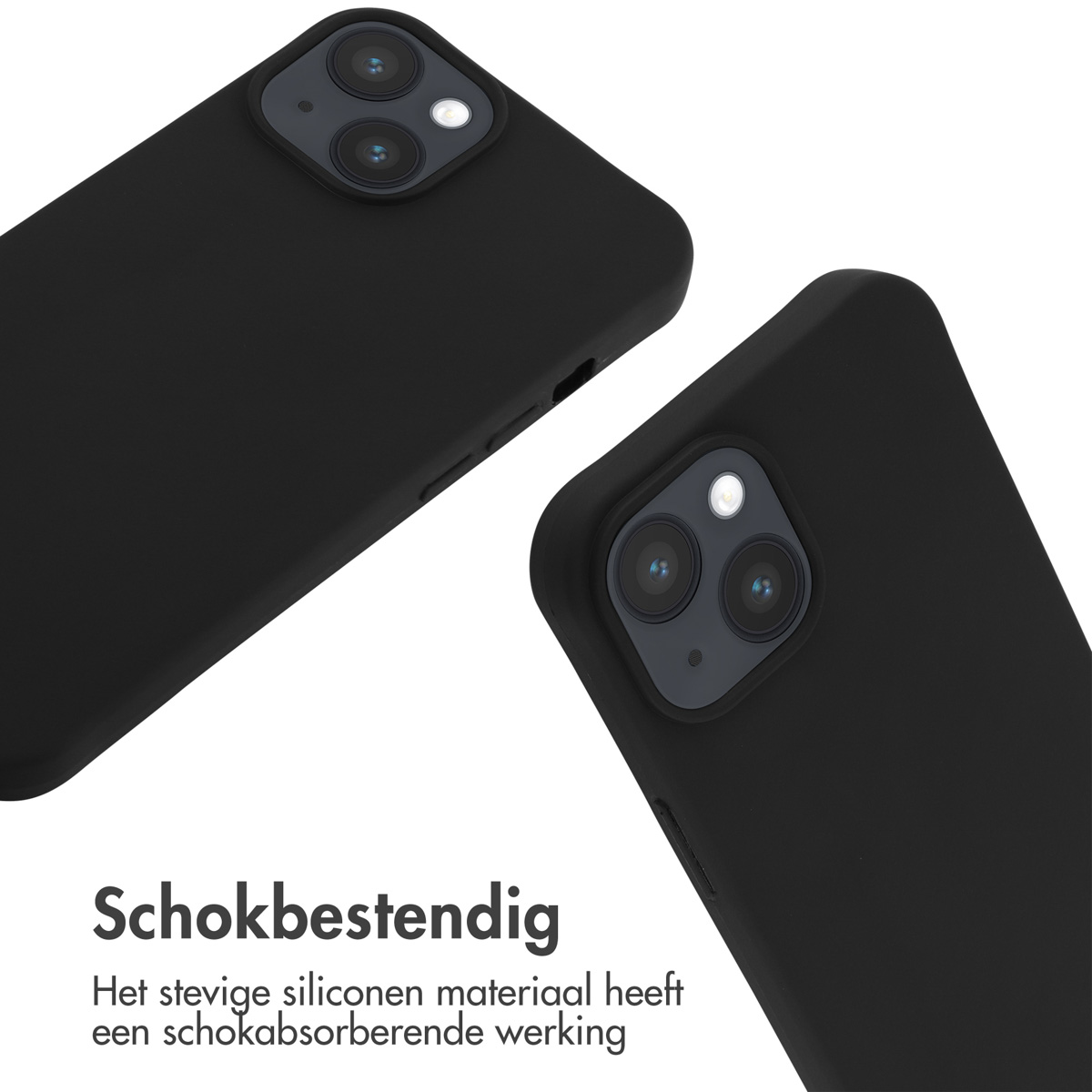 Zwei schwarze Handyhüllen, beide zeigen die Rückseite mit Kameraobjektiven. Weißer Hintergrund und Text darunter.
