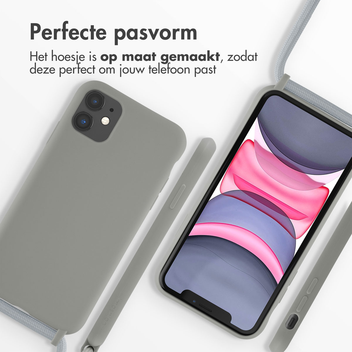 Telefoonhoesje en telefoon met een grijze hoes op een witte achtergrond.