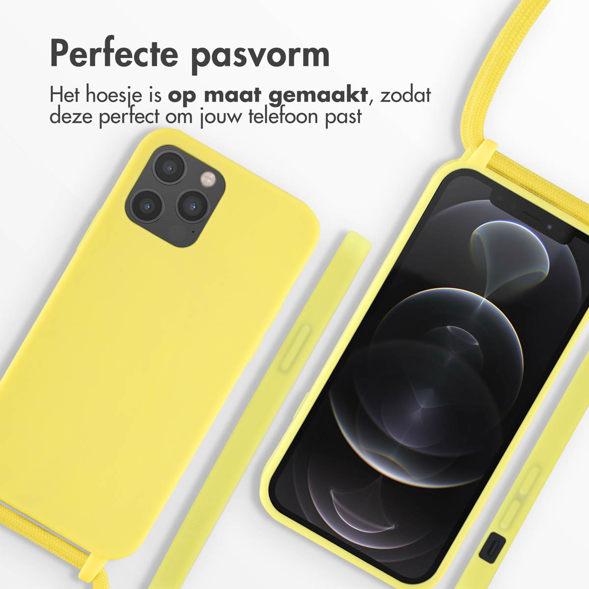Un étui de téléphone jaune avec un téléphone à l'intérieur et une sangle assortie sont vus sur un fond blanc.