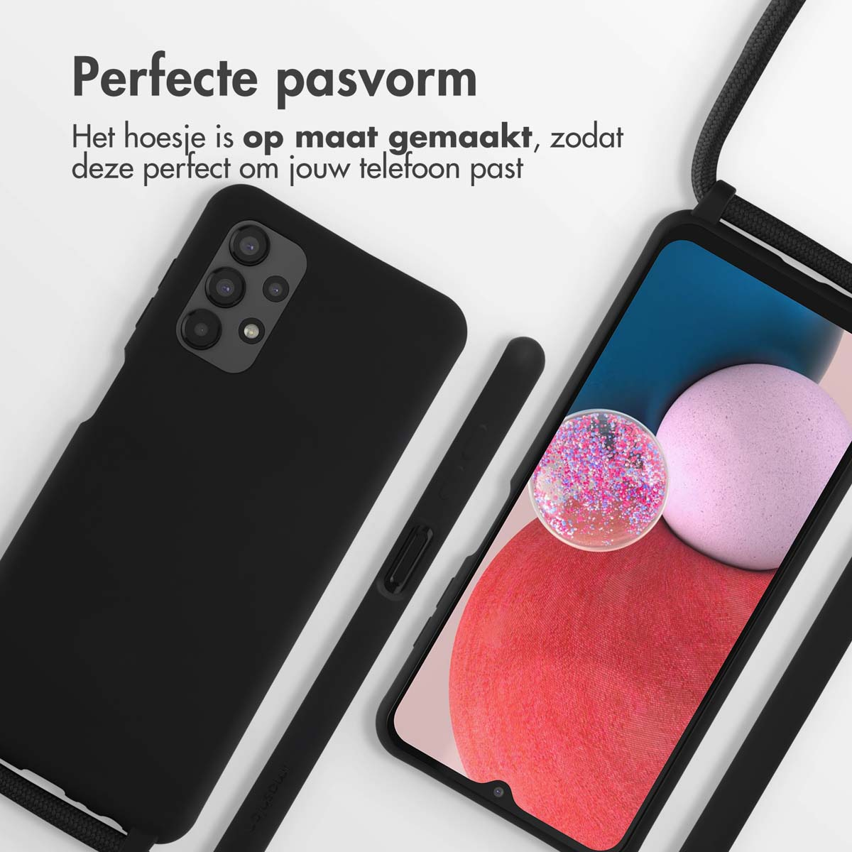 Black phone case next to a phone with a strap. Perfect fit.