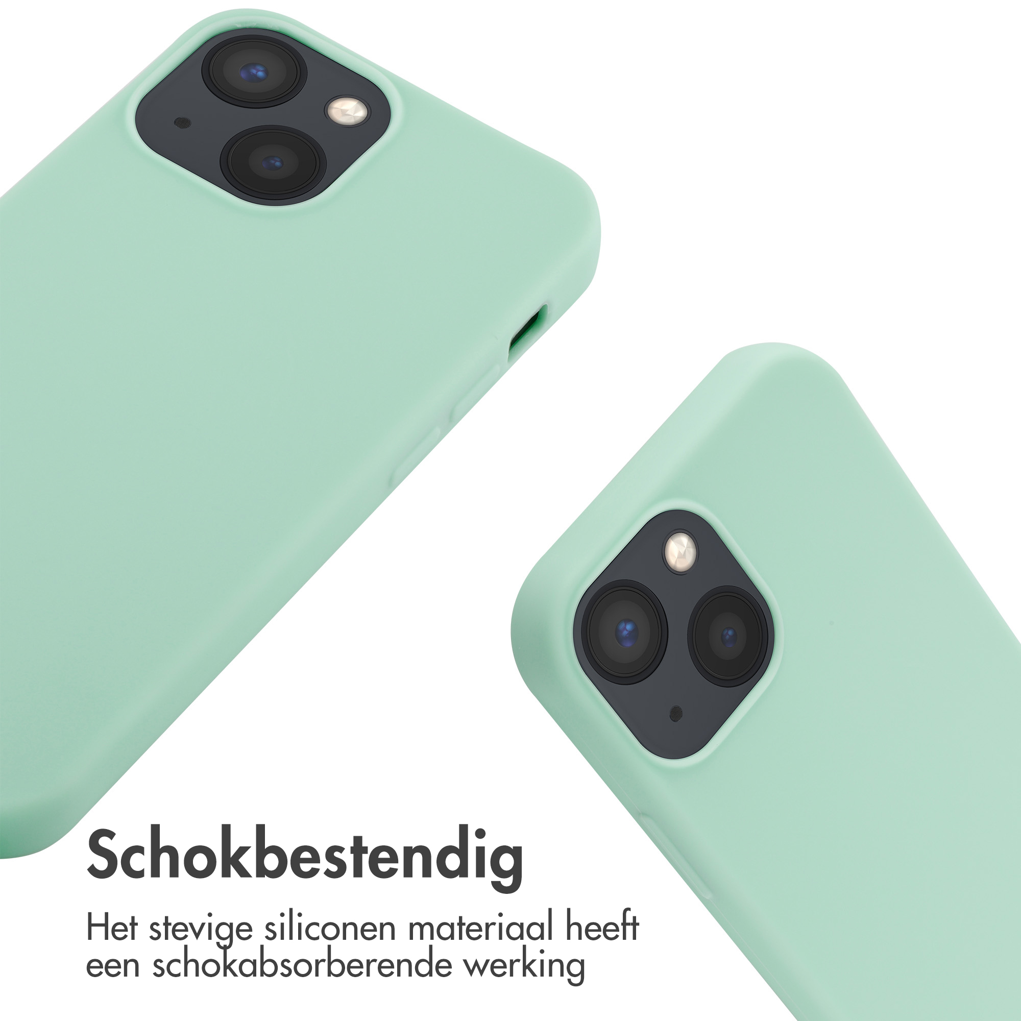 Deux coques de téléphone vert clair, montrant l'arrière avec des lentilles de caméra. Fond blanc et texte en dessous.
