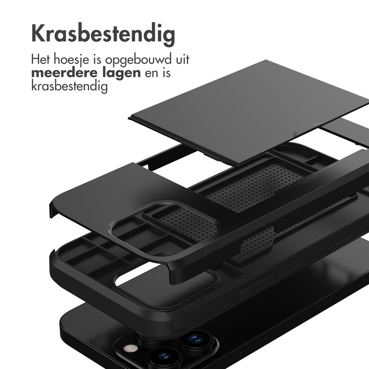 Een zwarte telefoonhoes gedemonteerd. De hoes is zwart en heeft verschillende lagen. De tekst zegt dat de hoes krasbestendig is.