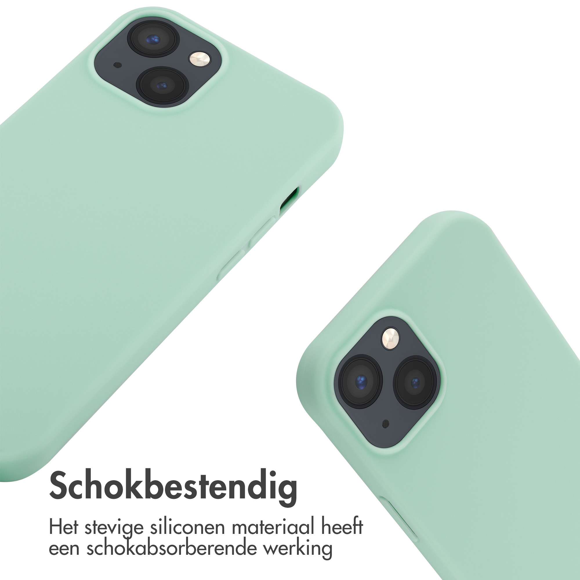 Deux coques de téléphone vert menthe sont sur un fond blanc. Le texte ci-dessous indique que les coques sont résistantes aux chocs.
