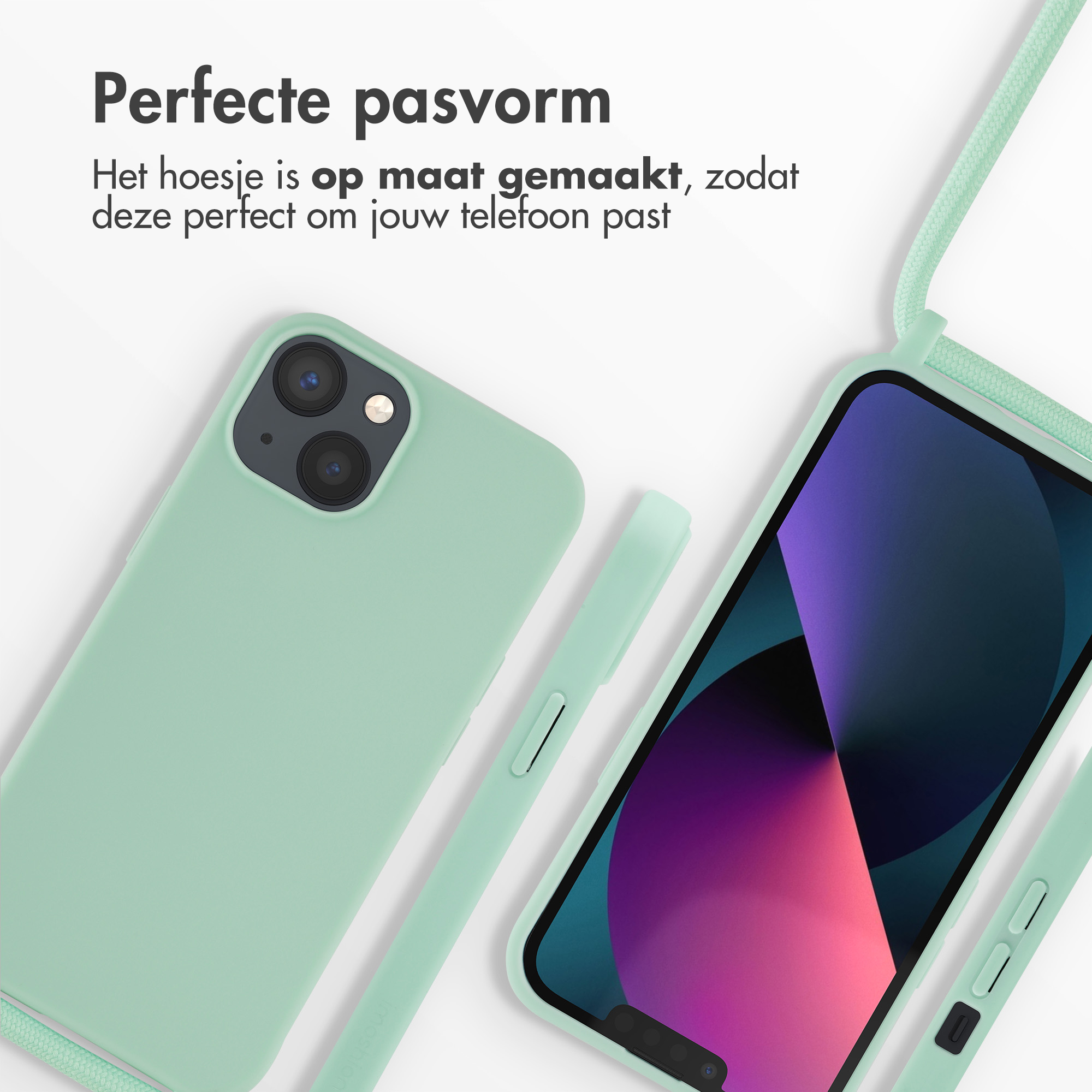 Deux étuis de téléphone, un vert clair et un rose, avec un cordon vert clair assorti et un téléphone.