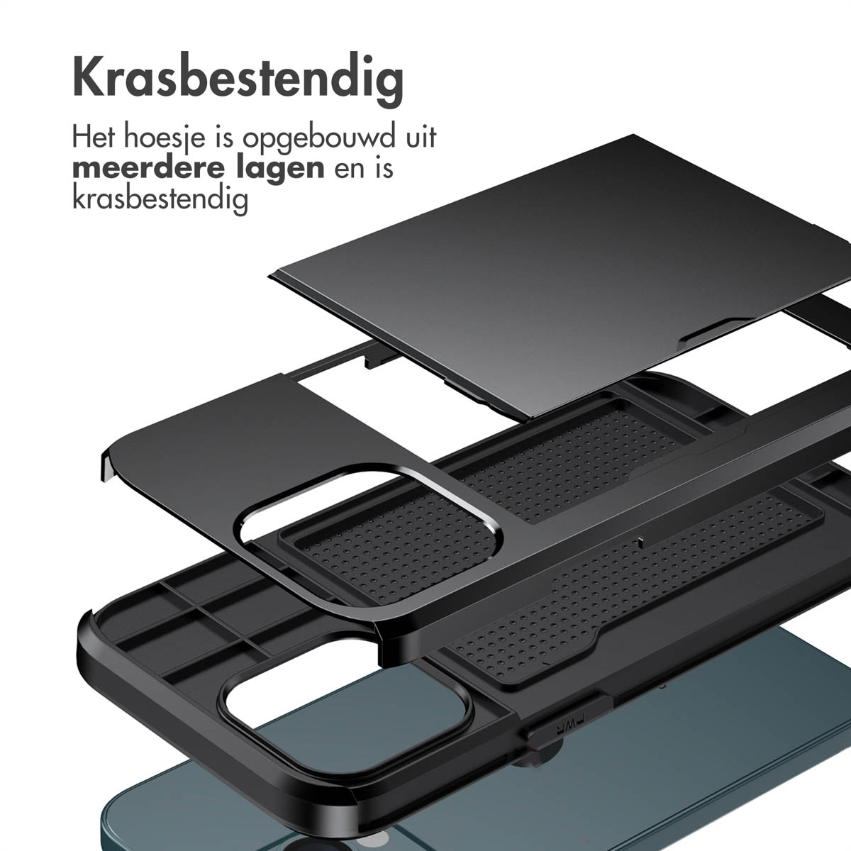 Zwarte telefoonhoes met gescheiden lagen boven een telefoon. De onderste laag is blauw, de bovenste zwart.