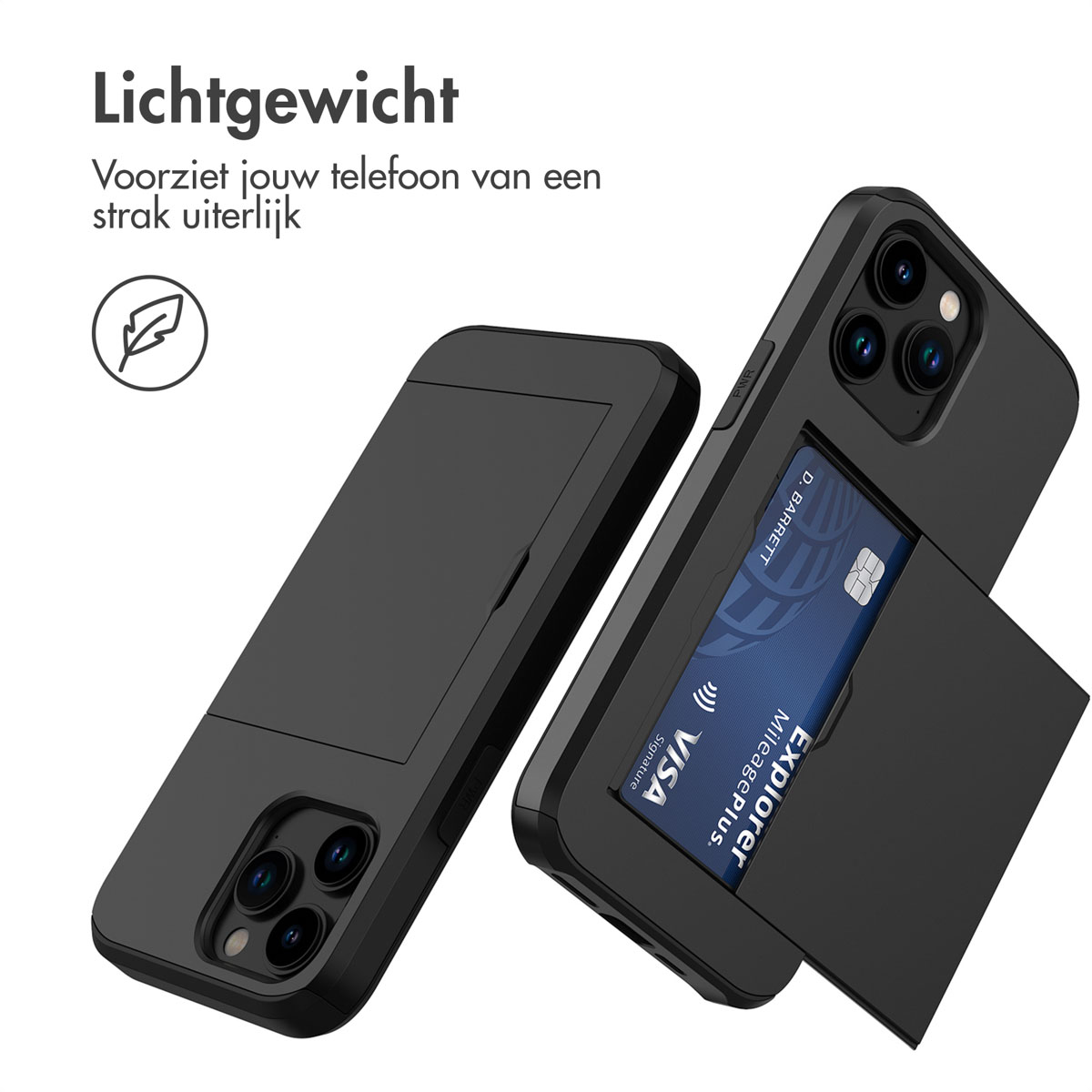 Twee zwarte telefoonhoesjes met telefoons, één met een kaart. Tekst bovenaan: 'Lichtgewicht' en 'Voorziet jouw telefoon...'