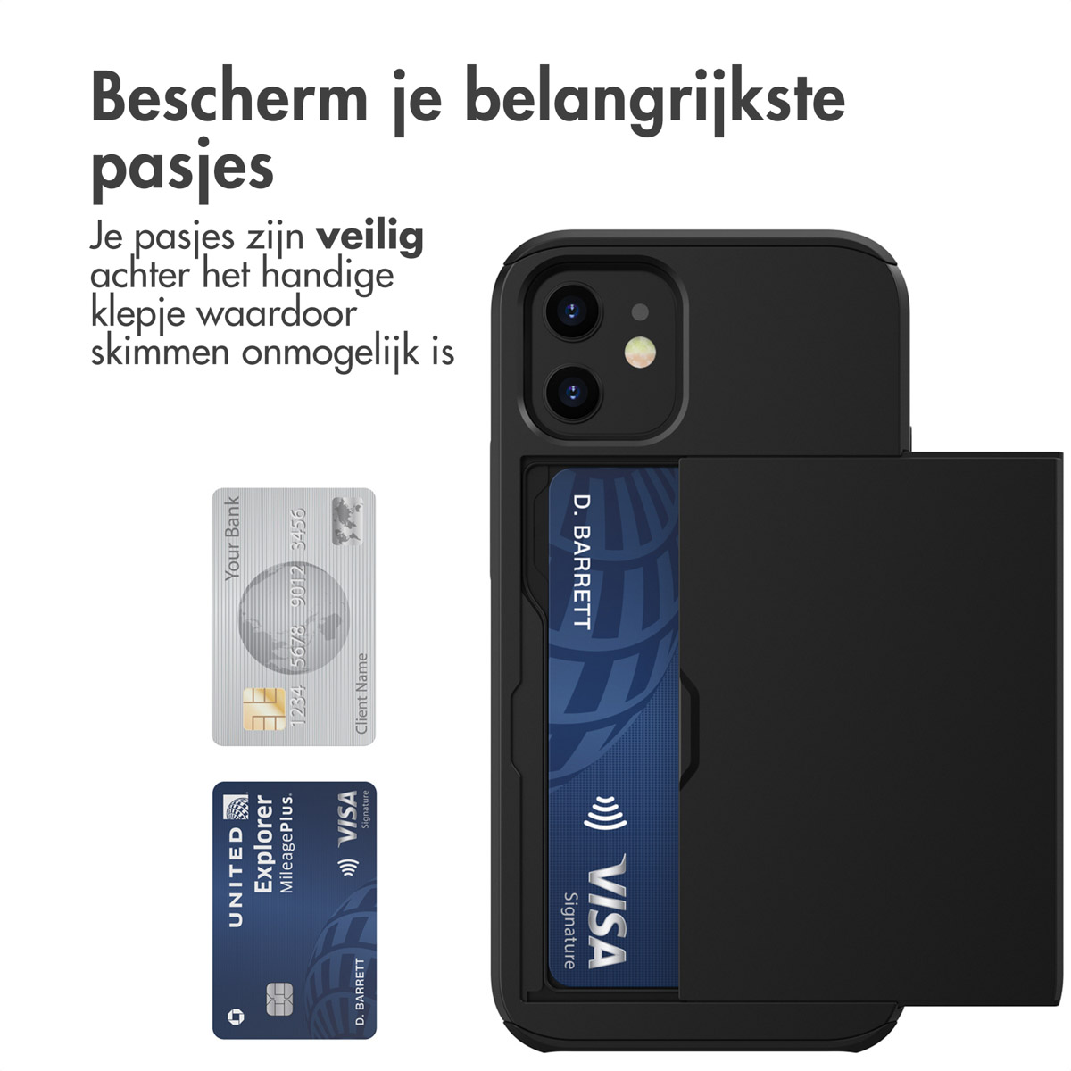 Black phone case with card slots, cards visible.