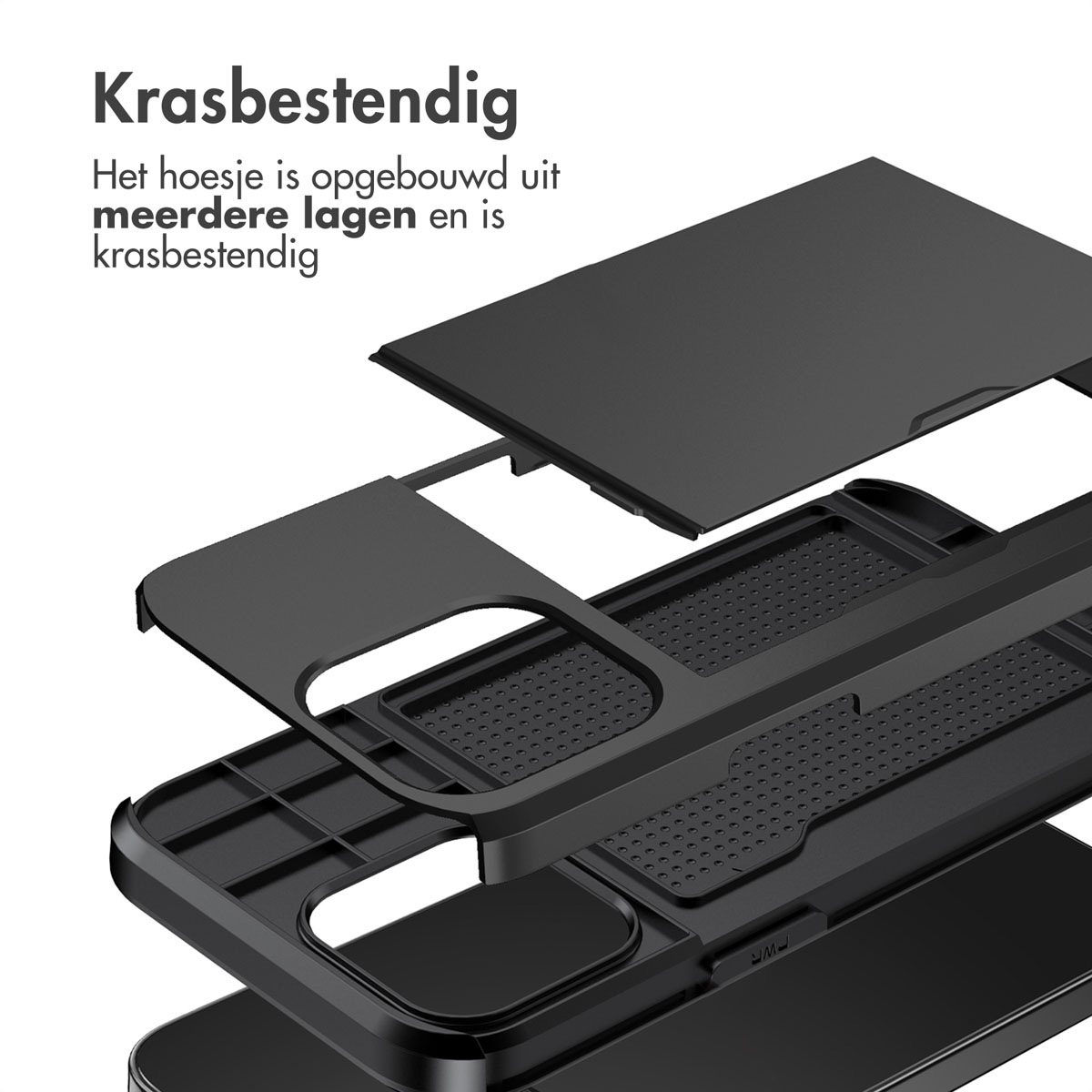 Ontplofte weergave van telefoonhoesje. Toont lagen. Zwarte lagen. Witte achtergrond. Onderdelen van telefoonhoesje.