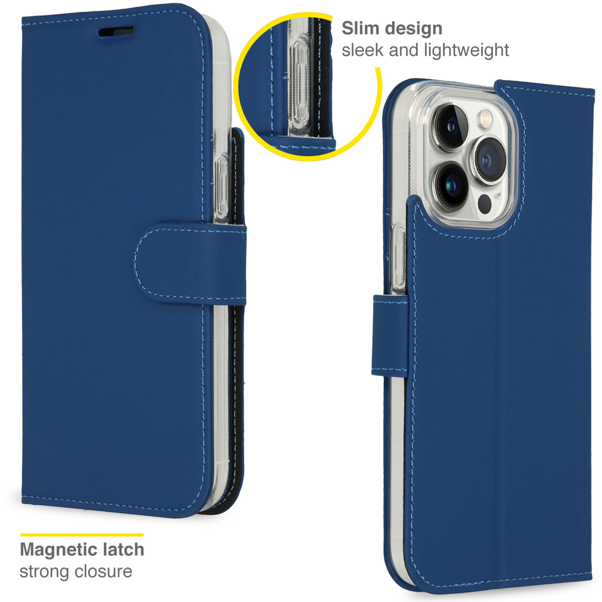 Blauwe portemonnee telefoonhoes, met een telefoon erin. De hoes heeft een magnetische sluiting.