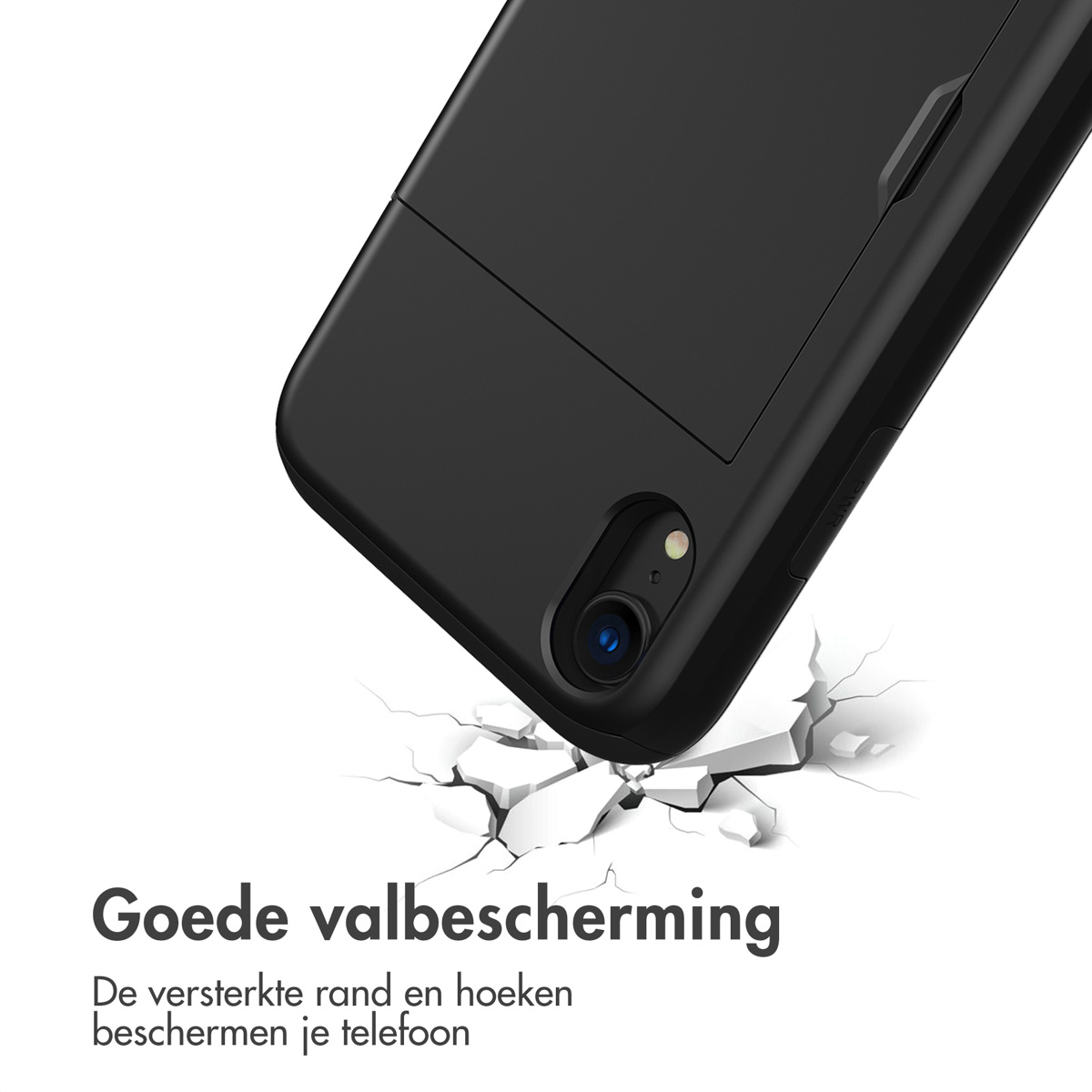 Een zwarte telefoonhoes met camera wordt getoond. De hoes is naar de grond gekanteld en er is een gebarsten grond omheen getekend. Tekst hieronder luidt: Goede impactbescherming.