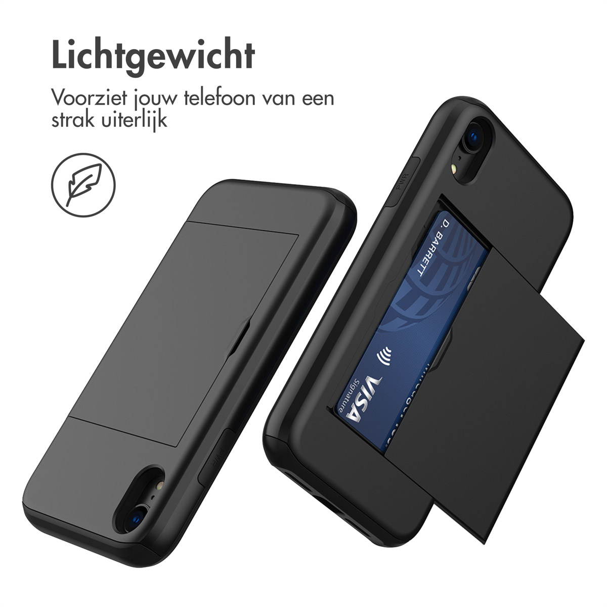 Zwarte telefoonhoesjes met creditcard erin. Tekst: Lichtgewicht.