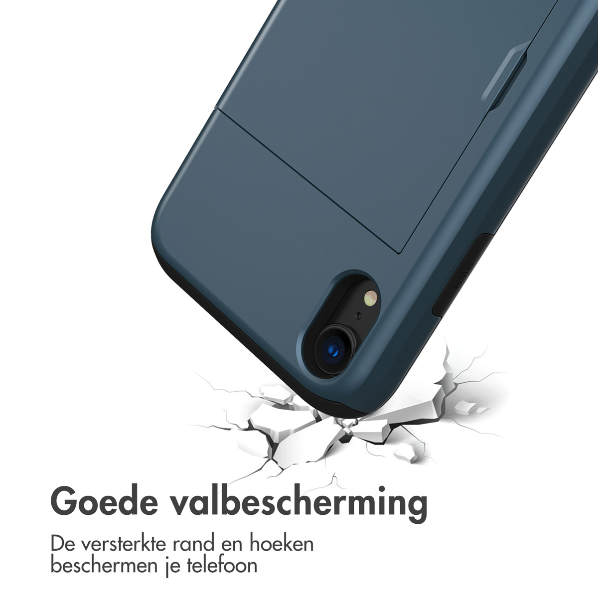 Telefoonhoes, blauw, met valimpact. Tekst: Goede valbescherming. Versterkte randen en hoeken beschermen telefoon.