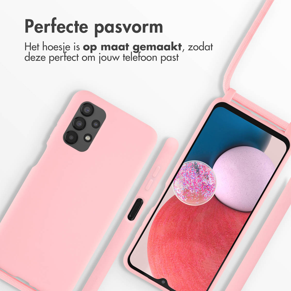 Pink phone case and phone with a lanyard, showing a phone screen.
