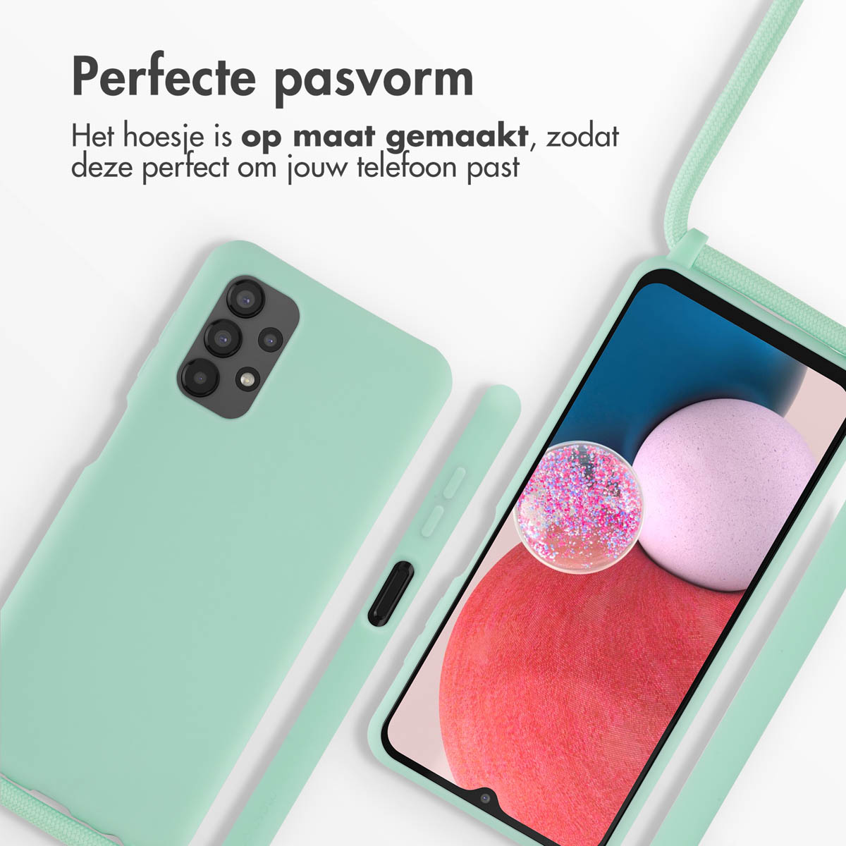 Mint green phone case next to a phone with a green strap. Perfect fit.